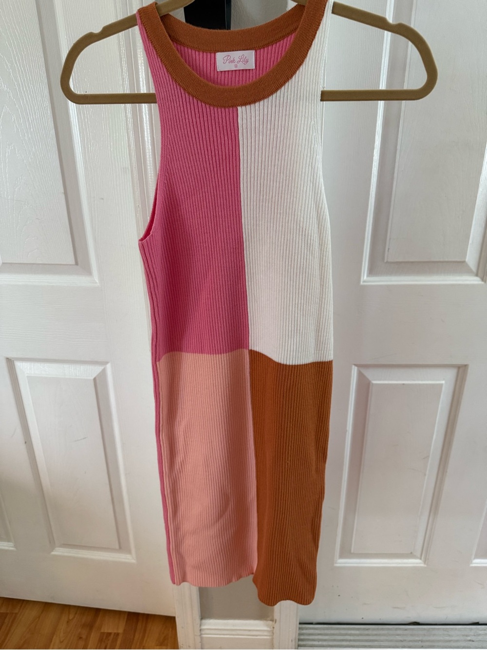 Pink Lily Colorblock Ribbed Midi Dress - Pink, White, Peach, Tan